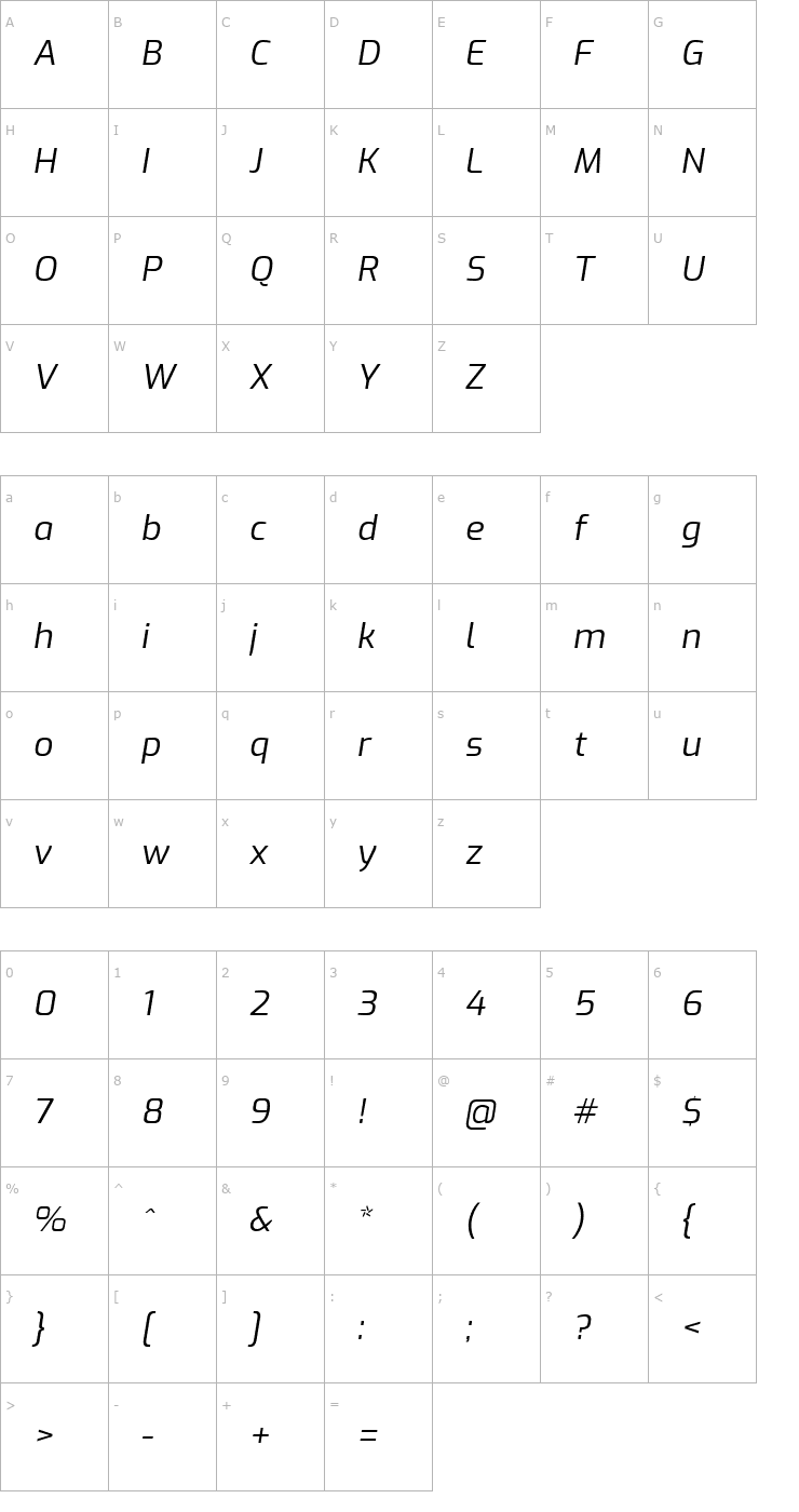 Character Map Exo Italic Font