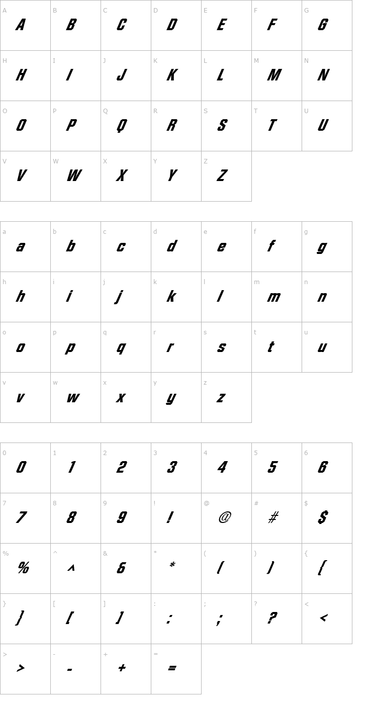 Character Map FacetHeavy-XXitalic Regular Font