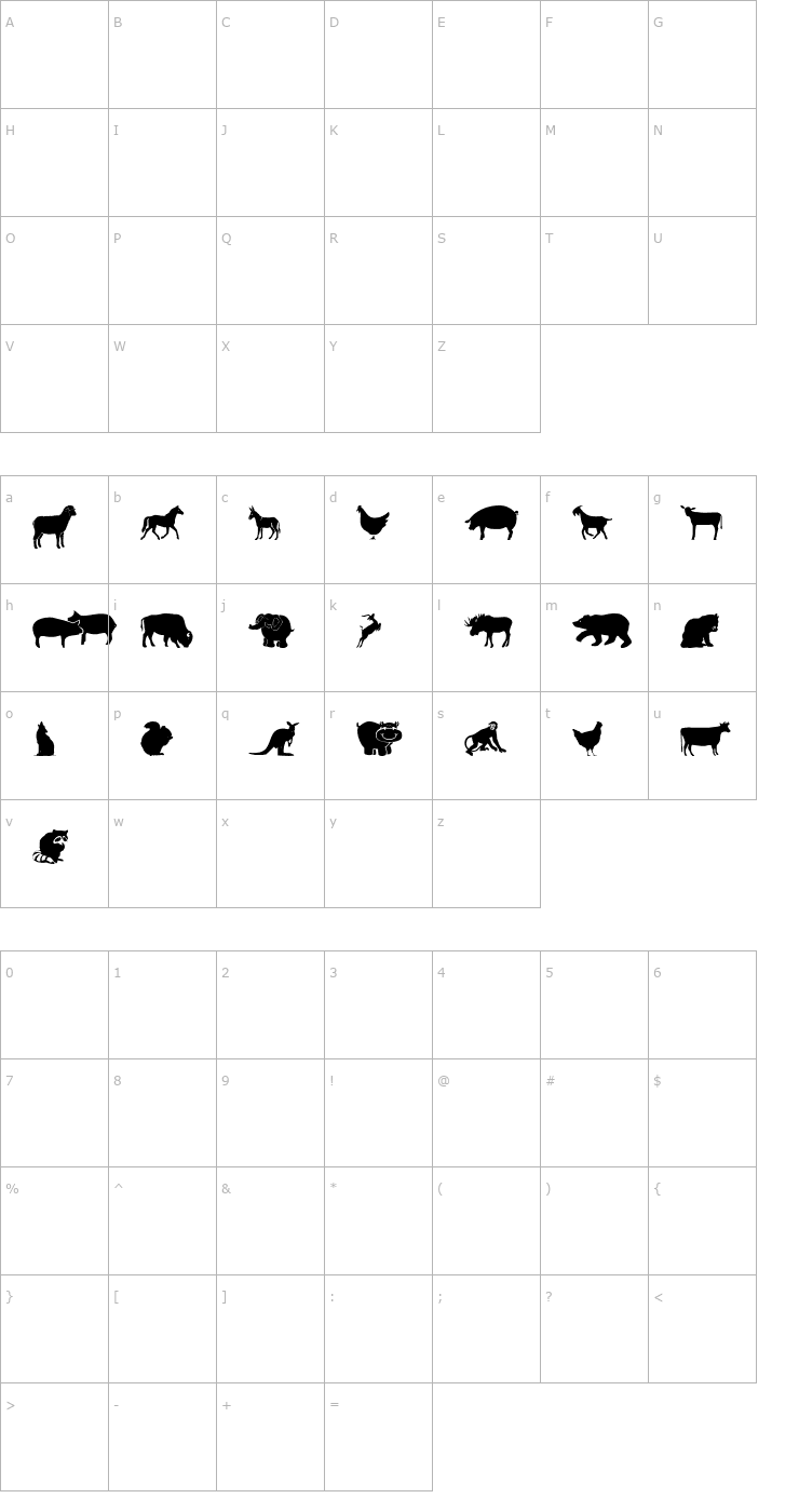 Character Map Farm & Wild Animals Font