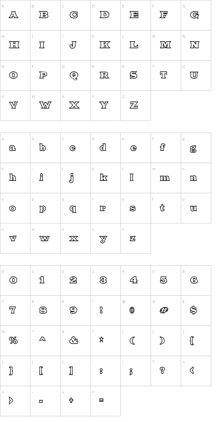 Character Map Fat Legs Outline Font