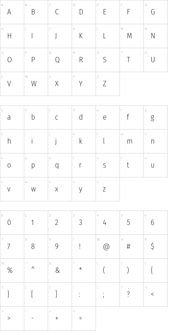 Character Map Fira Sans Condensed ExtraLight Font