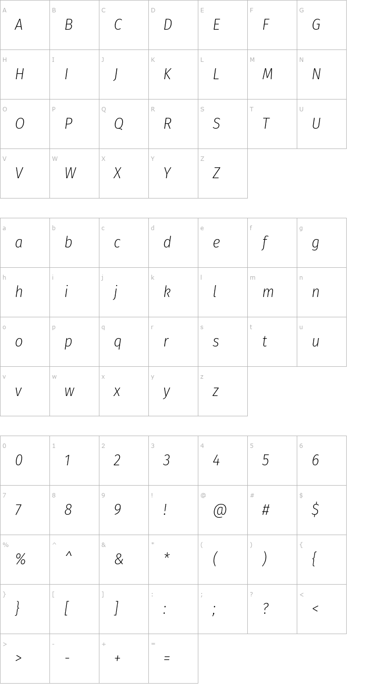 Character Map Fira Sans Condensed ExtraLight Italic Font