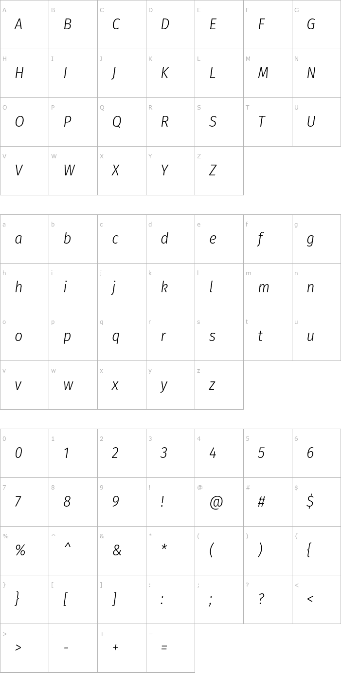 Character Map Fira Sans Condensed Light Italic Font