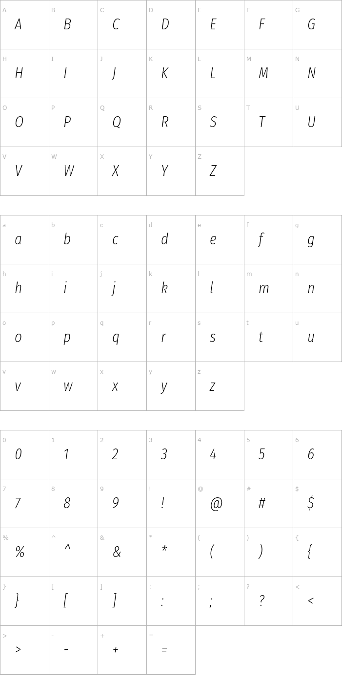 Character Map Fira Sans Extra Condensed ExtraLight Italic Font