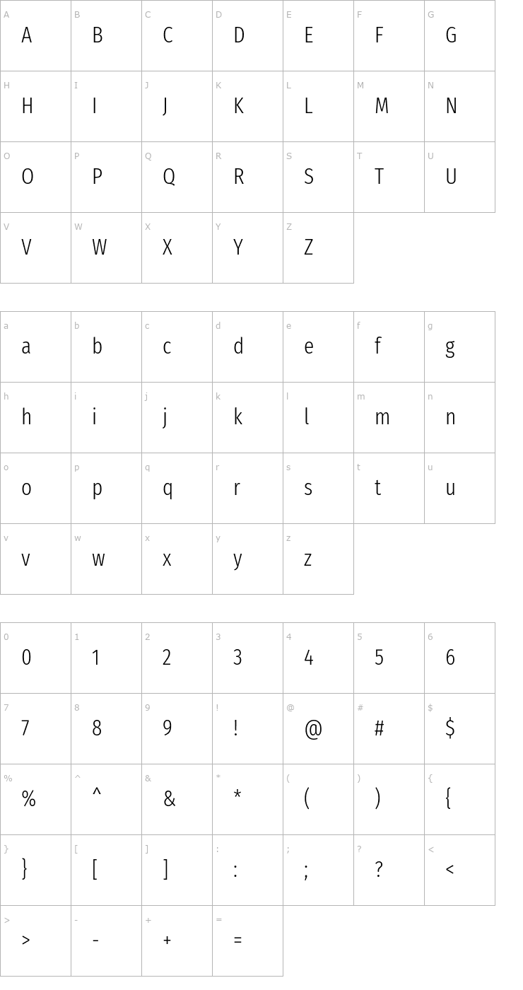 Character Map Fira Sans Extra Condensed Light Font