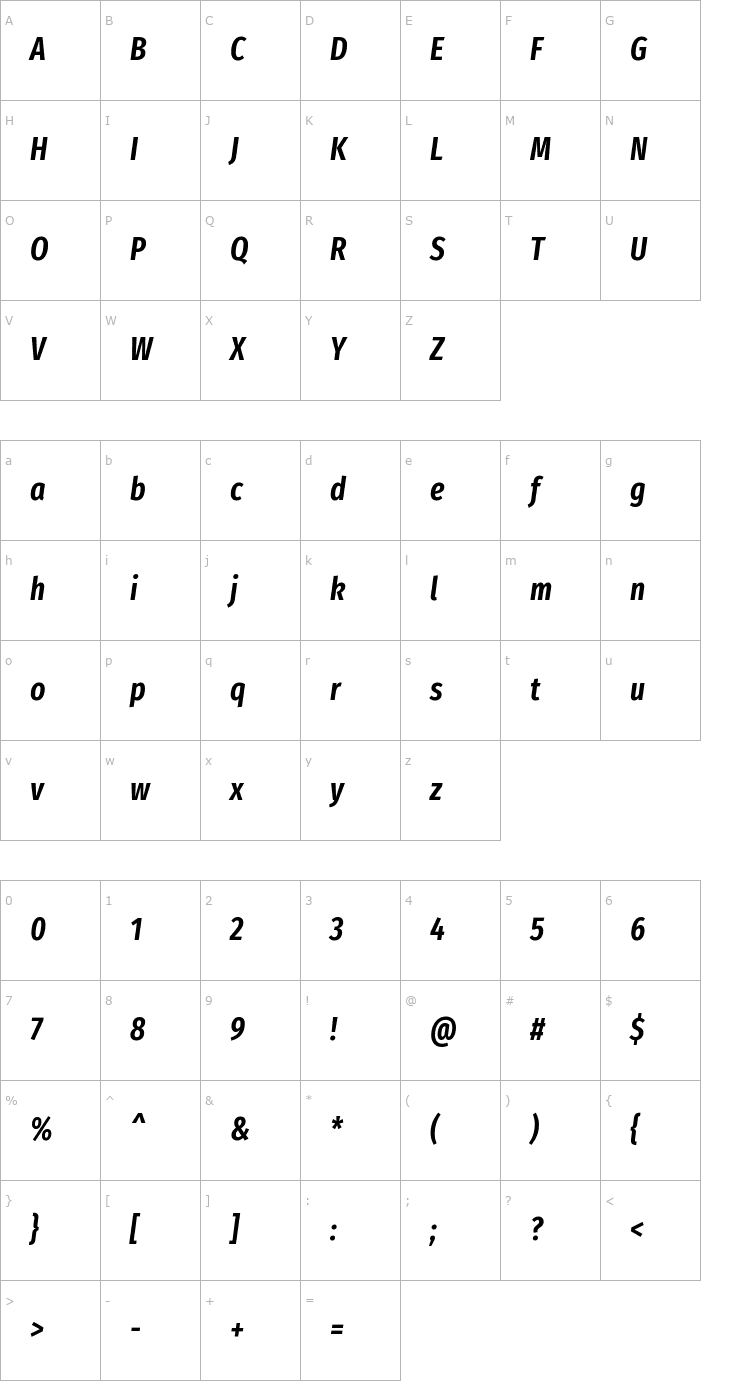 Character Map Fira Sans Extra Condensed SemiBold Italic Font