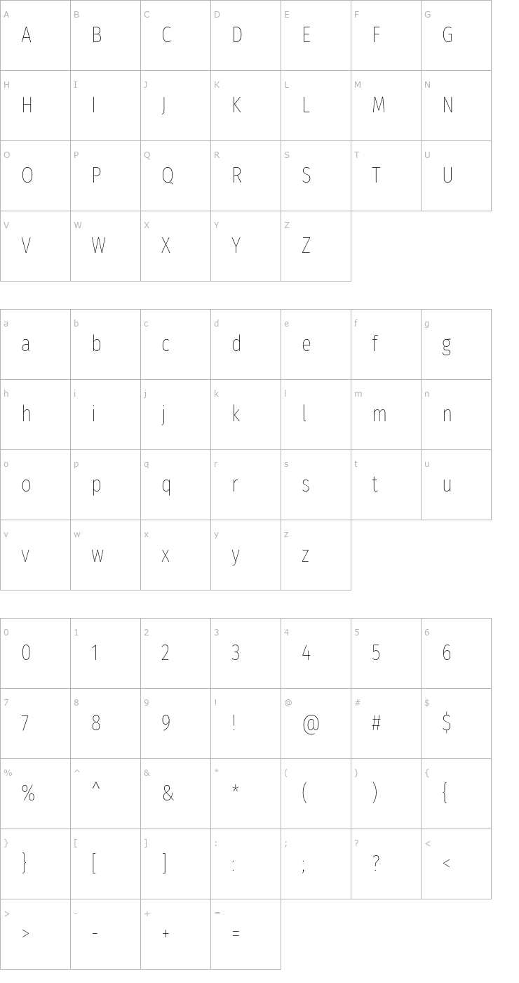 Character Map Fira Sans Extra Condensed Thin Font