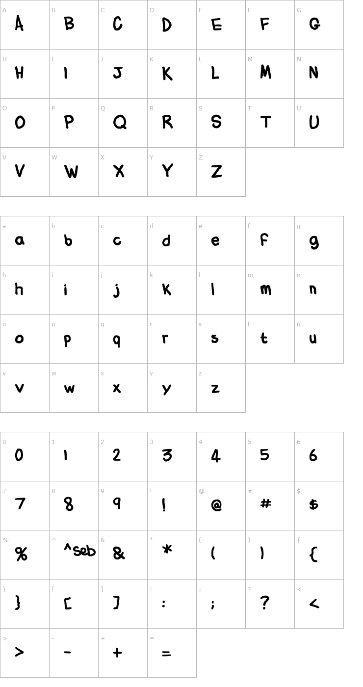 Character Map Flabby Bums Handwriting Font