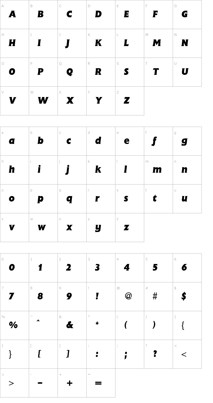 Character Map FlemingHeavy-RegularItalic Font