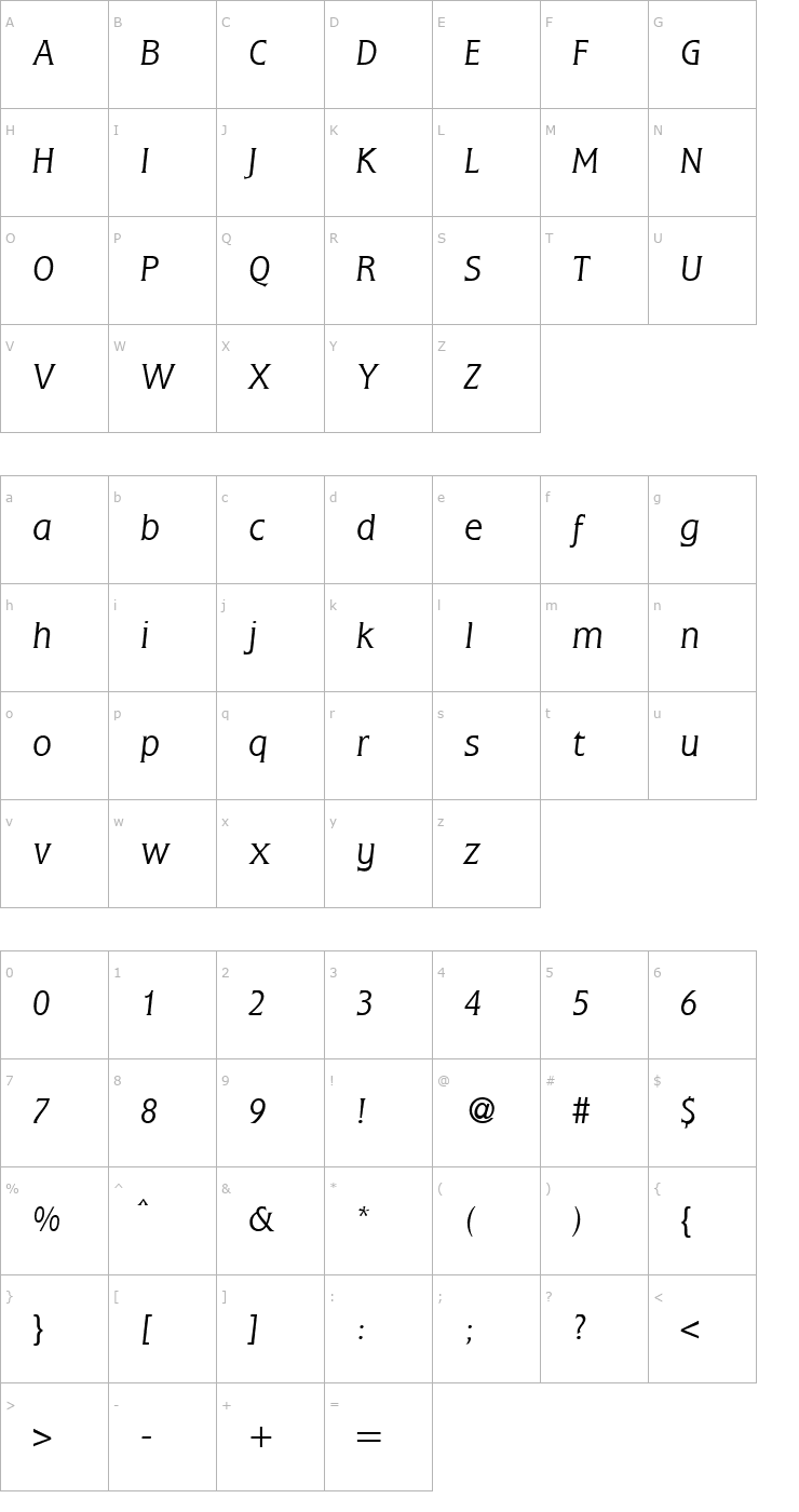 Character Map FlemingLight-RegularItalic Font