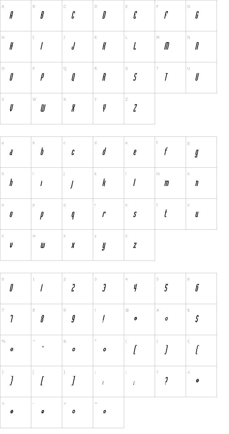 Character Map Flintstone Condensed Italic Font