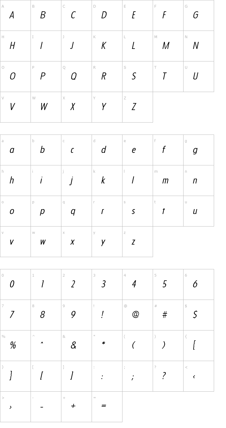 Character Map Florida-Serial-Light-RegularItalic Font