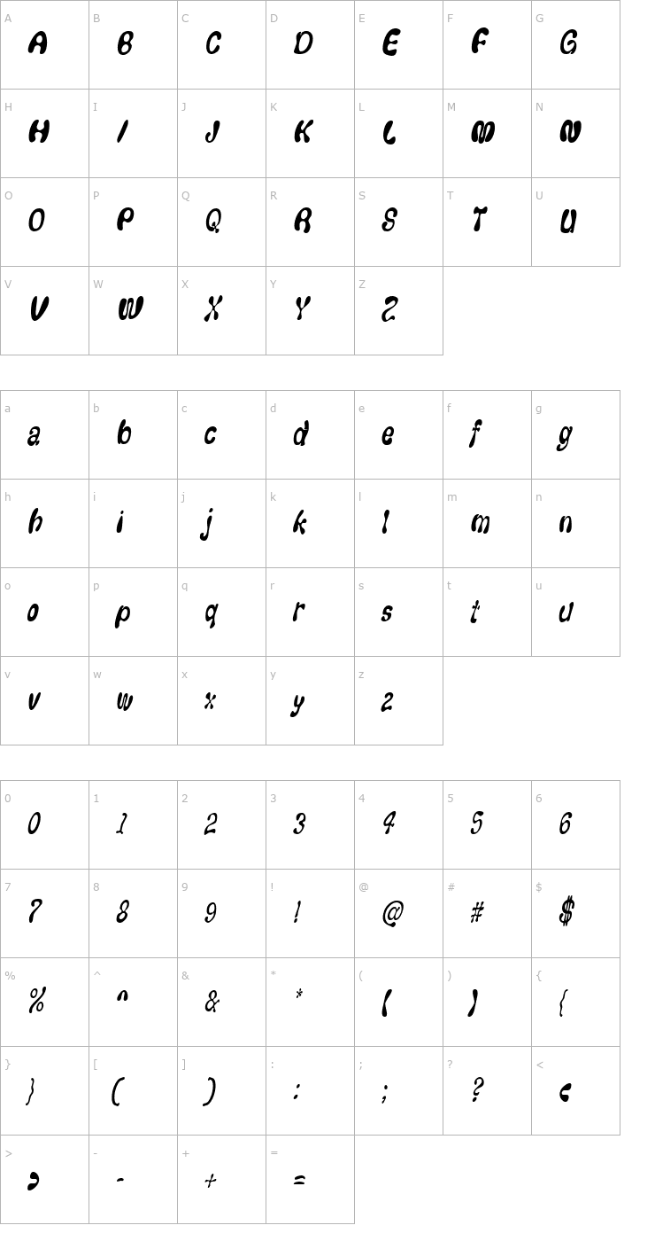 Character Map FlufCondensed Oblique Font