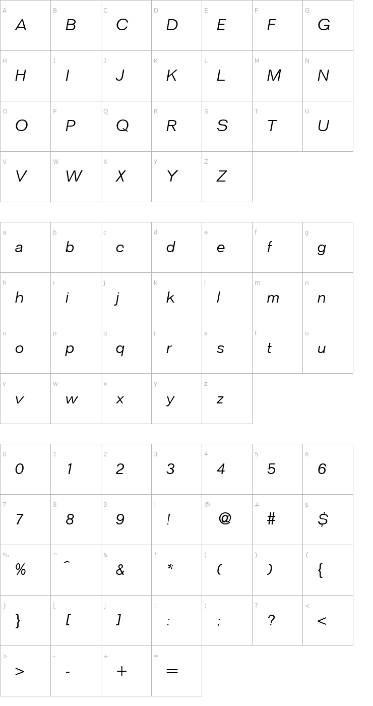 Character Map FocusLight-RegularItalic Font