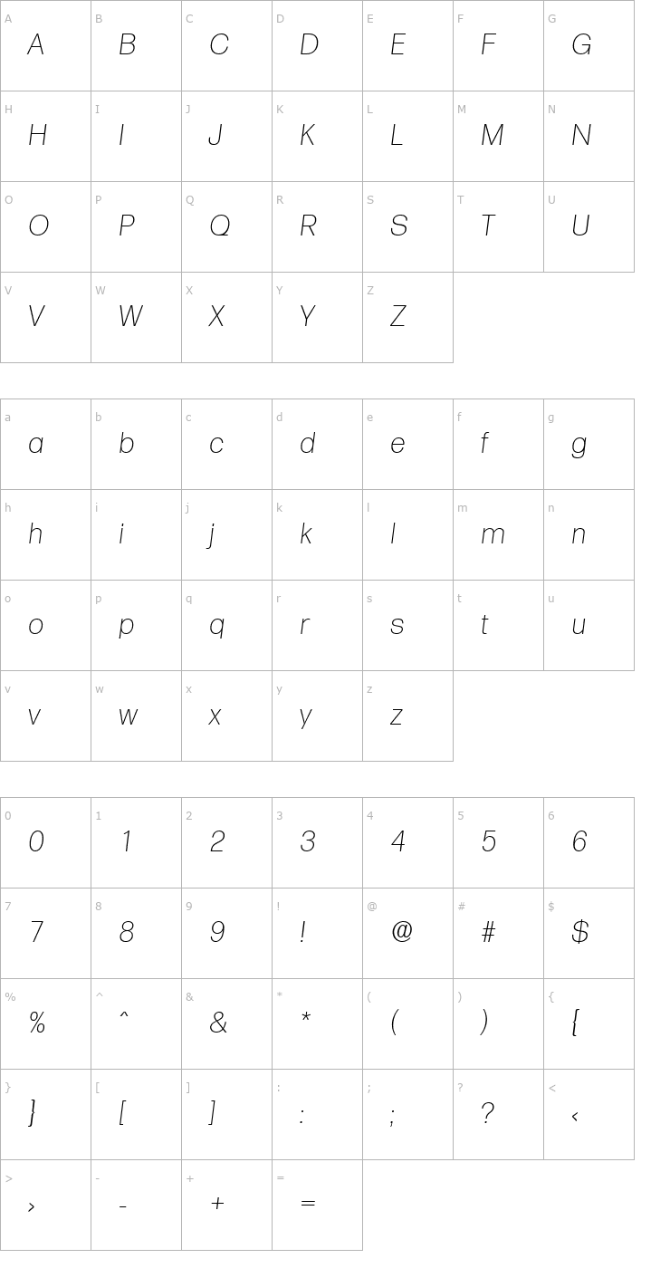 Character Map Formula-Serial-ExtraLight-RegularItalic Font