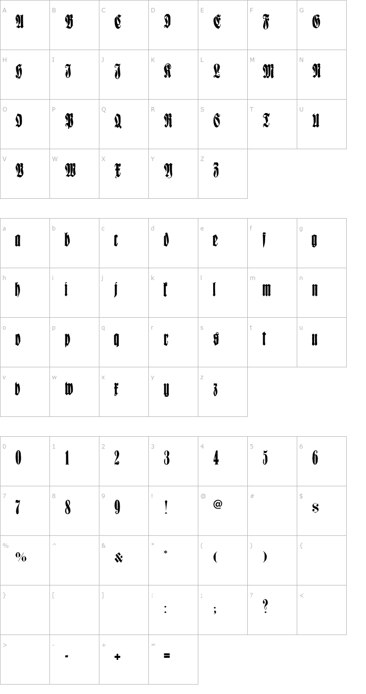 Character Map FrakturCondensedHeadline Font