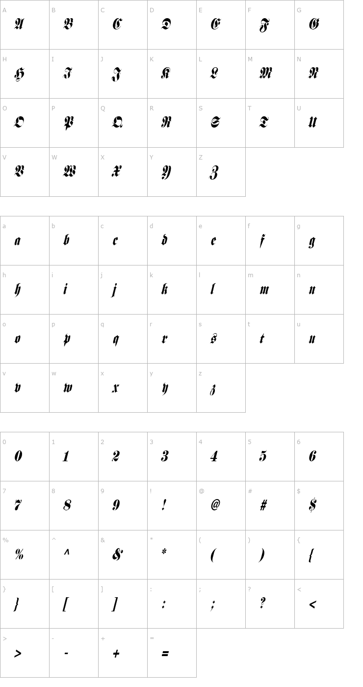 Character Map Frank Condensed Italic Font