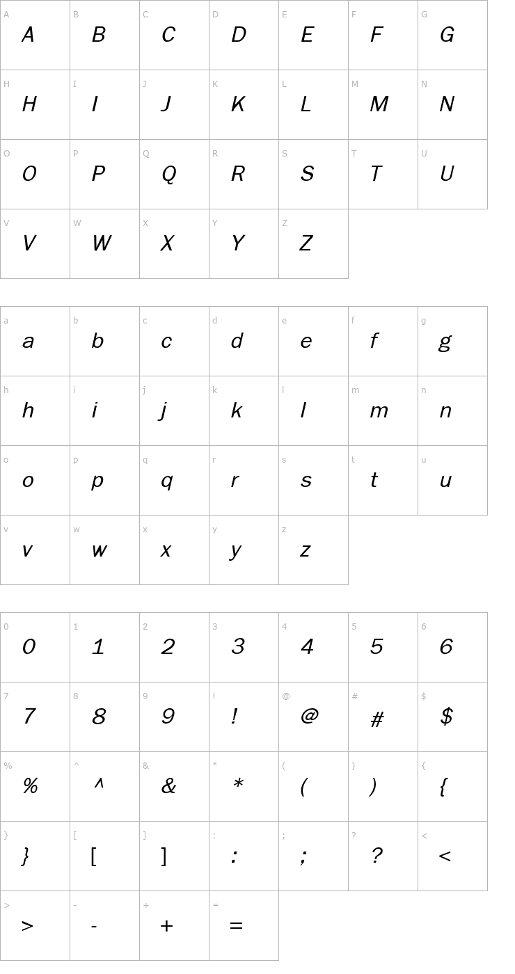 Character Map Frankfurt Italic Font