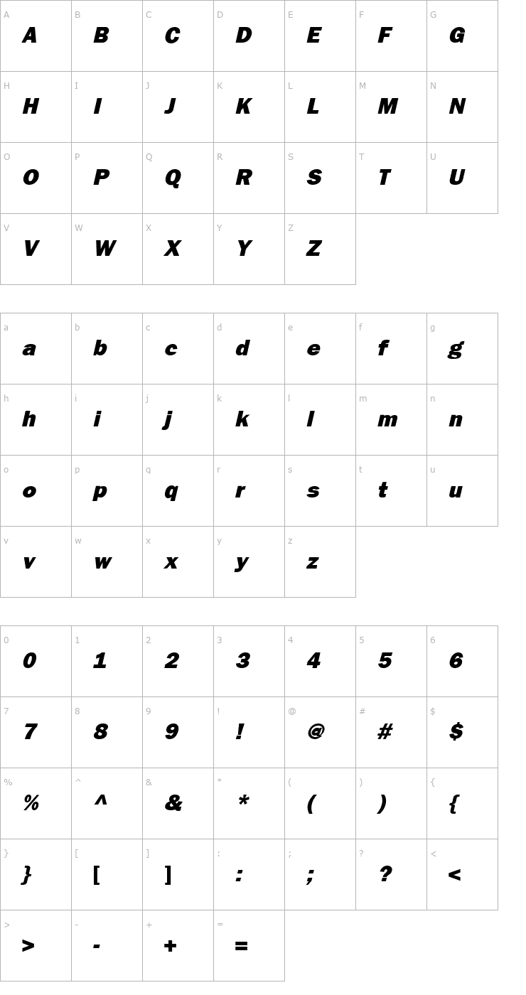 Character Map FrankfurtHeavy Italic Font