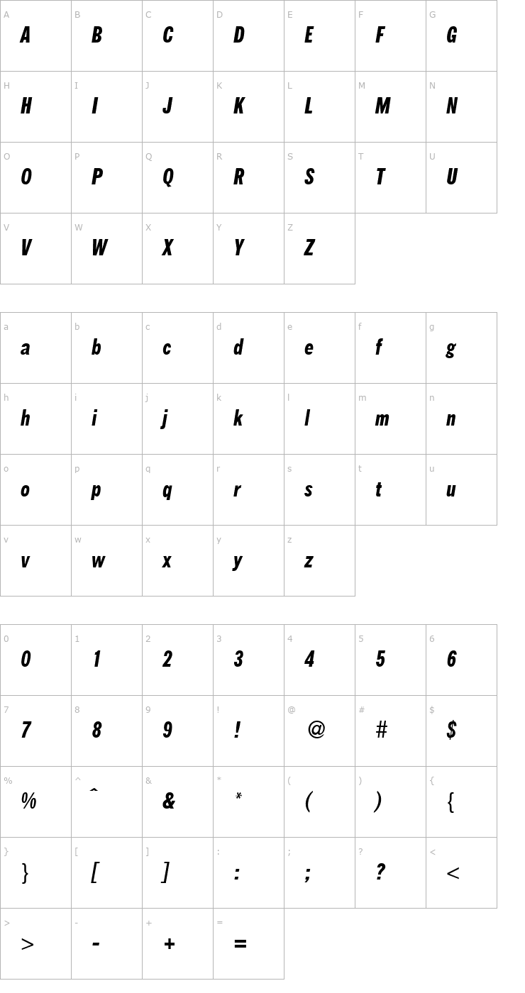 Character Map FranklinHeadlineNarrow-BoldItalic Font