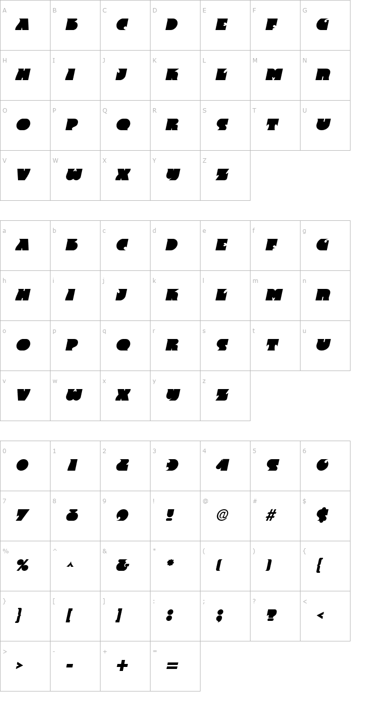 Character Map Frantic Italic Font