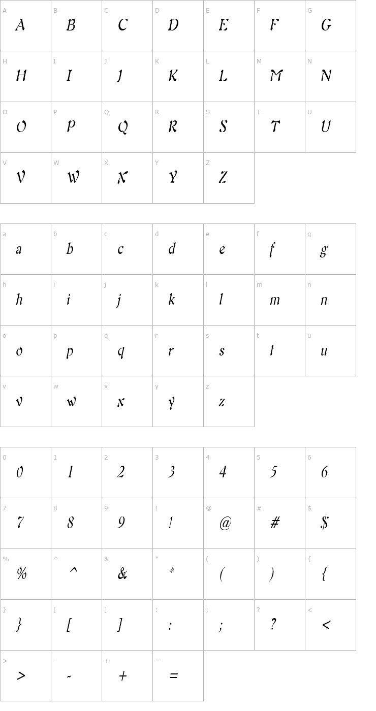 Character Map Freedom 9 Thin Italic Font