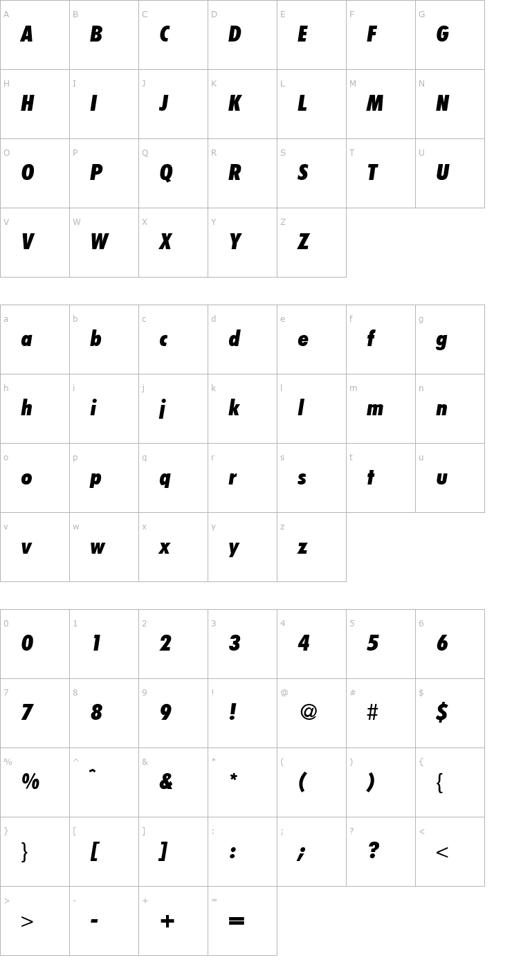 Character Map FunctionCondTwoExtrabold-RegularItalic Font