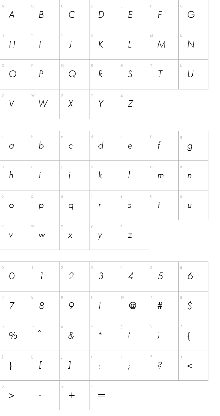 Character Map FunctionTwoLight-RegularItalic Font