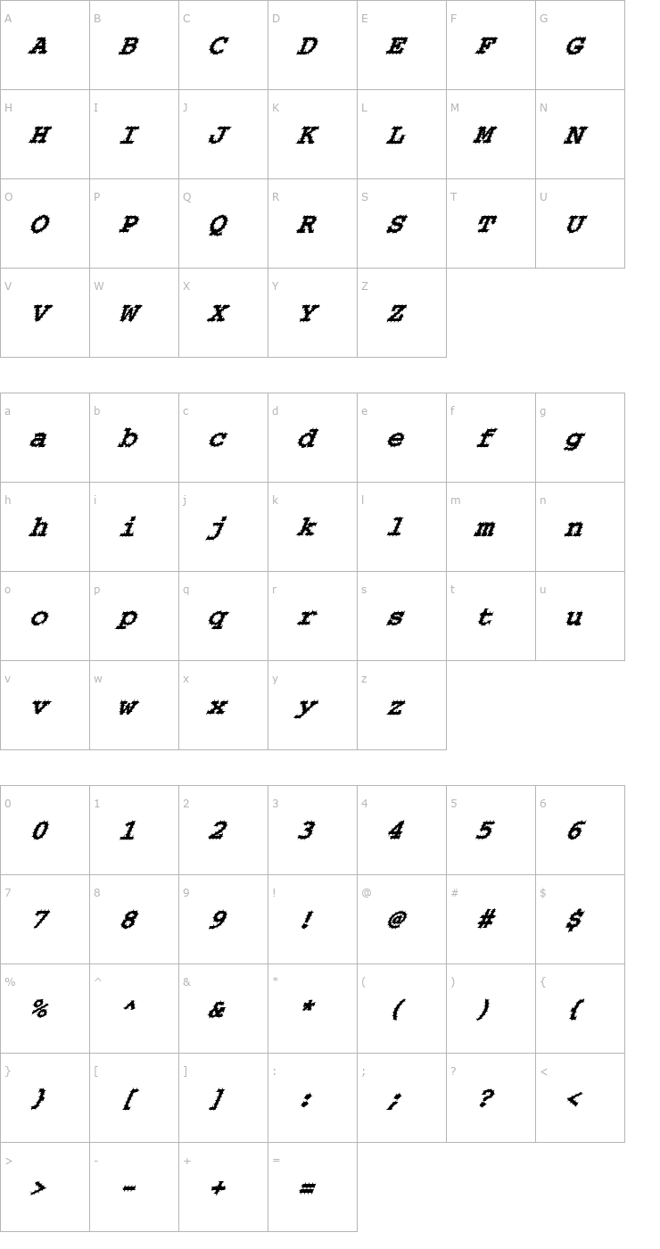 Character Map FZ BASIC 54 SPIKED ITALIC Font