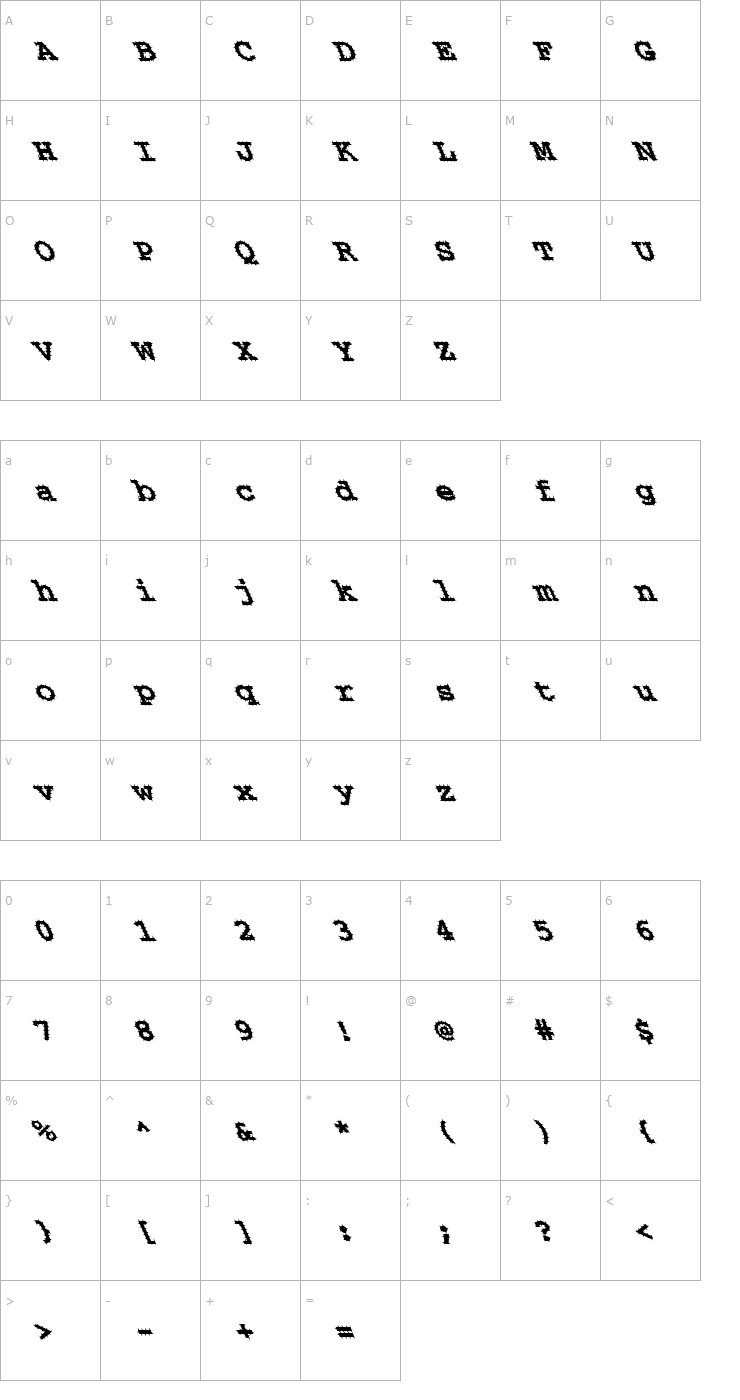 Character Map FZ BASIC 54 SPIKED LEFTY Font