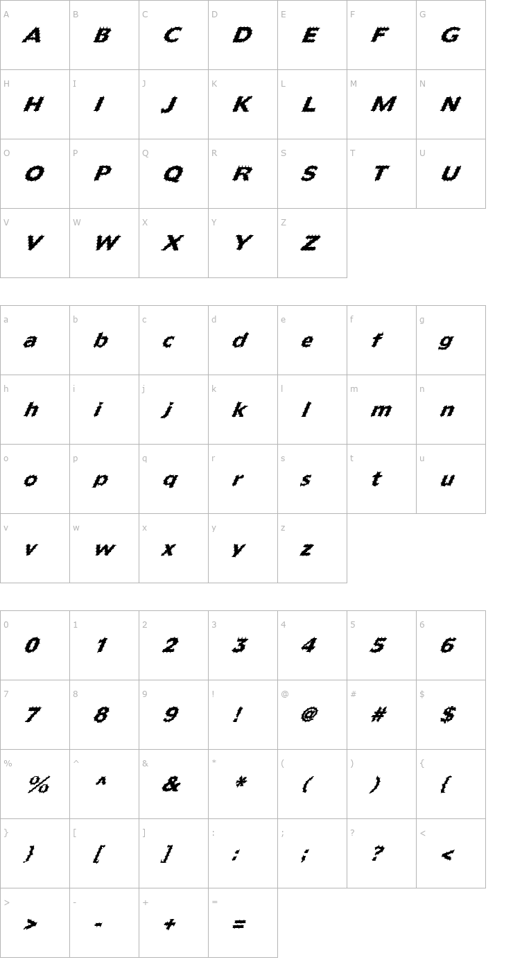 Character Map FZ BASIC 55 SPIKED ITALIC Font