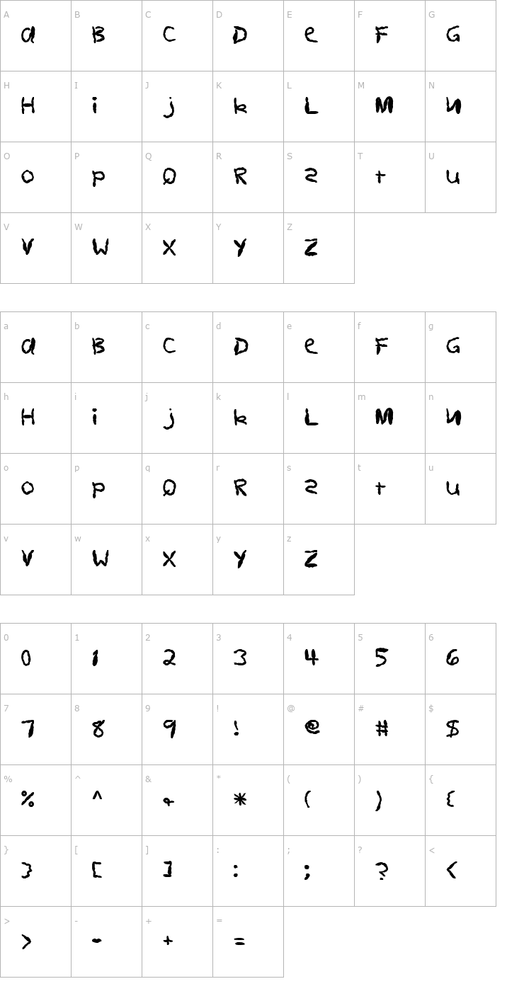 Character Map FZ HAND 11 MANGLED Font