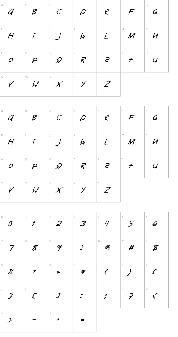 Character Map FZ HAND 11 SPIKED ITALIC Font