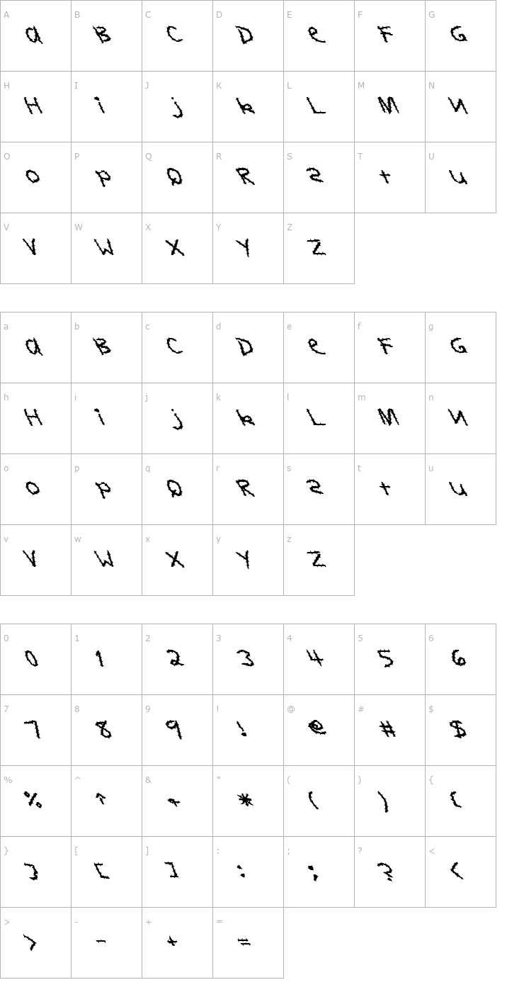 Character Map FZ HAND 11 SPIKED LEFTY Font