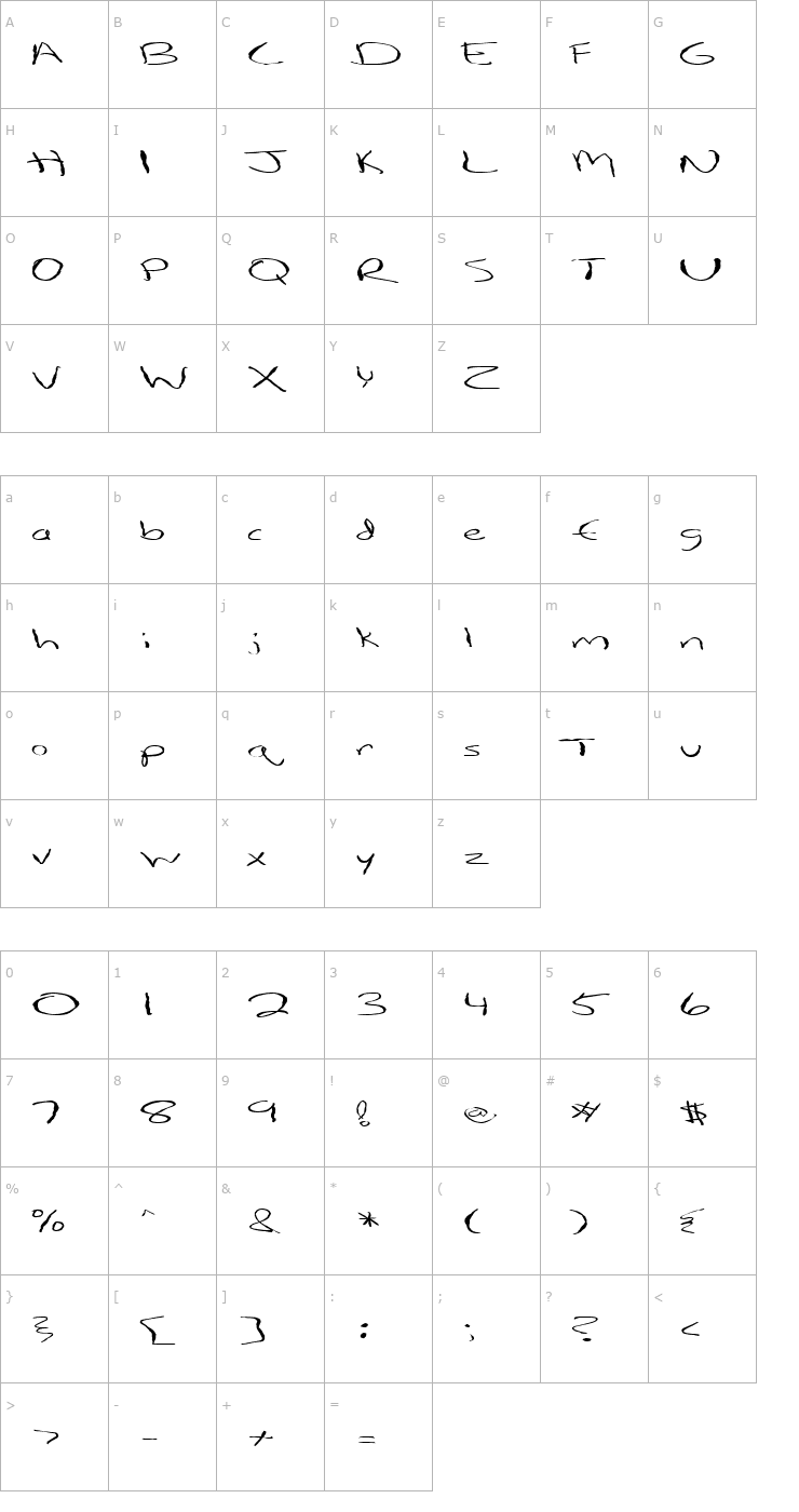 Character Map FZ HAND 12 MANGLED EX Font