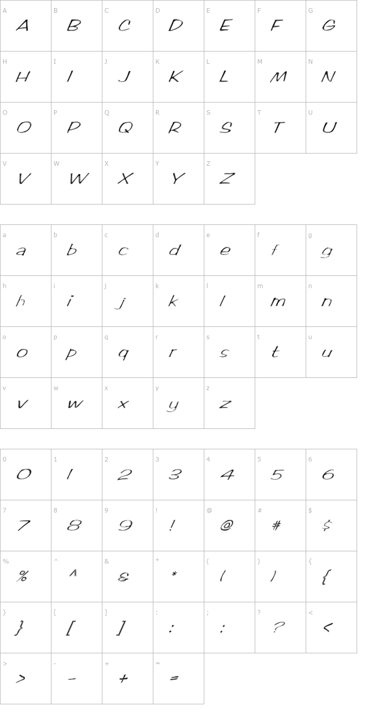 Character Map FZ HAND 2 CONTOUR ITALIC Font