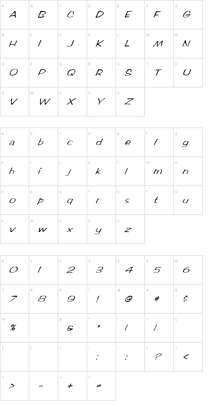 Character Map FZ HAND 2 ITALIC Font