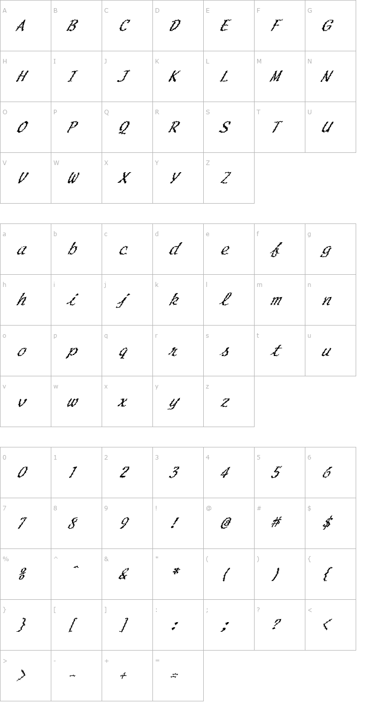 Character Map FZ HAND 20 SPIKED ITALIC Font