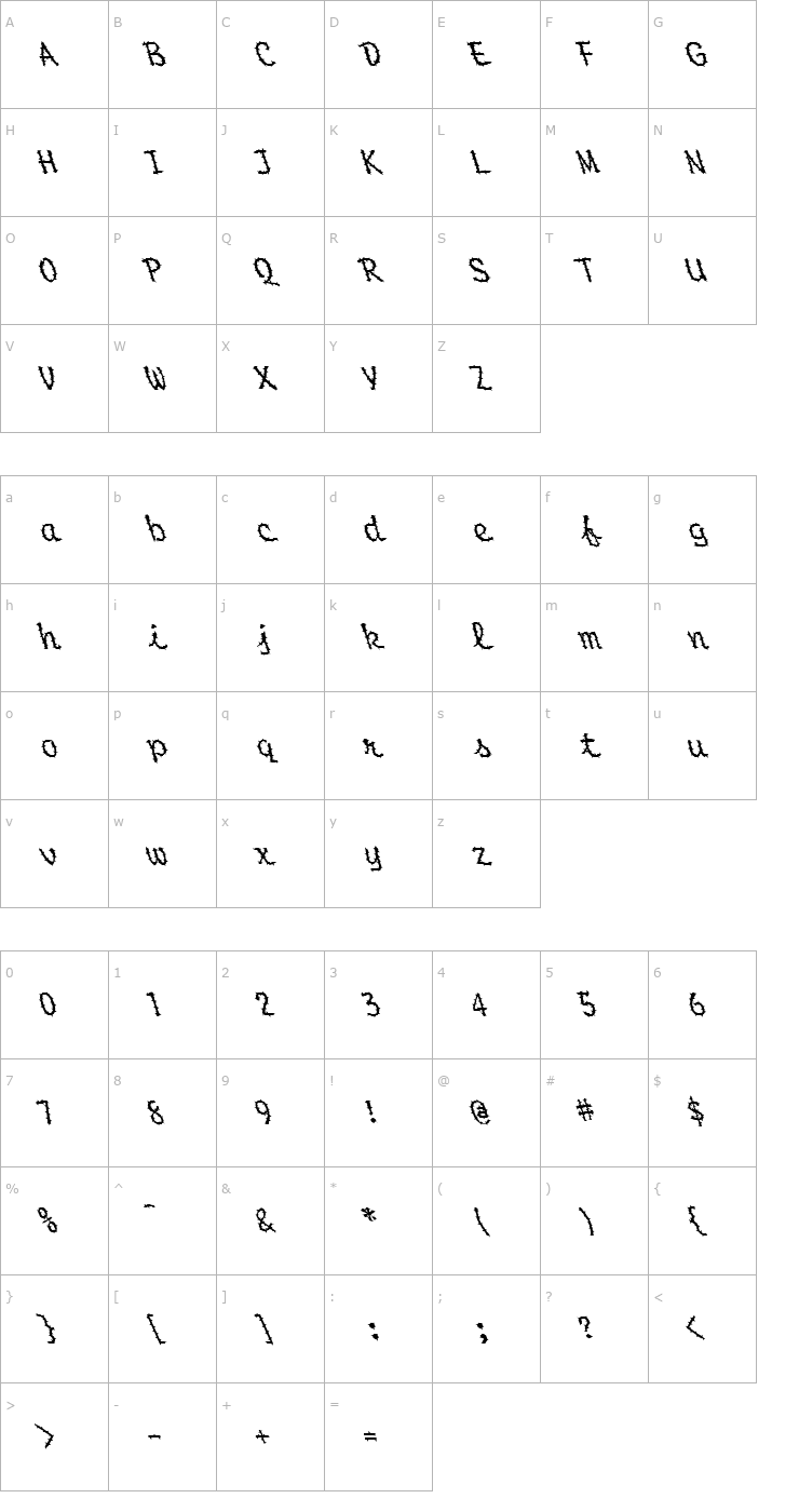 Character Map FZ HAND 20 SPIKED LEFTY Font