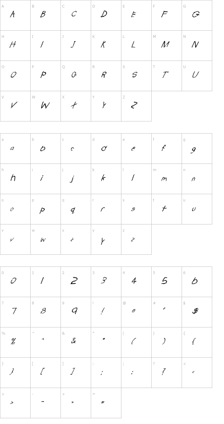 Character Map FZ HAND 22 SPIKED ITALIC Font