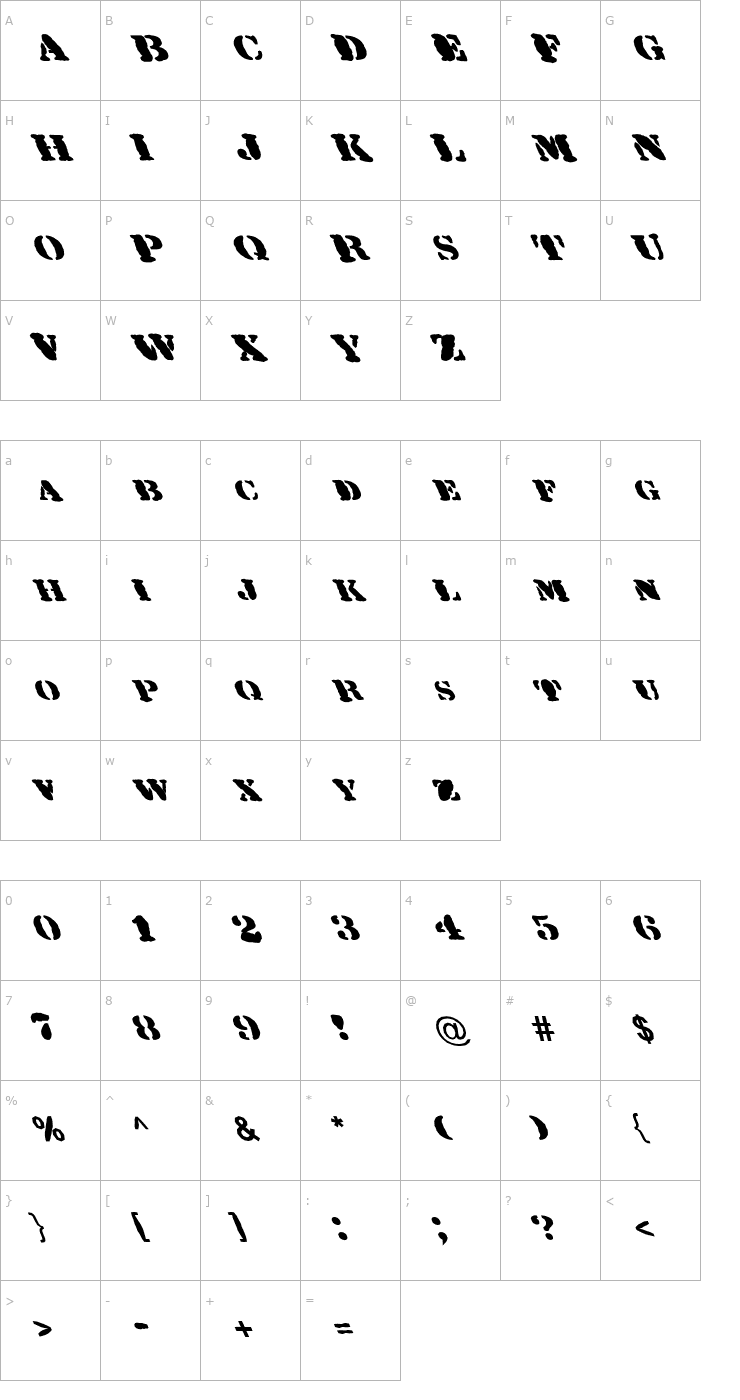 Character Map FZ UNIQUE 25 MANGLED LEFTY Font