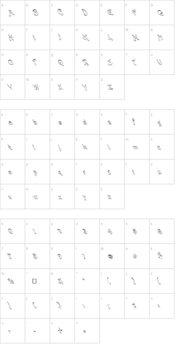 Character Map FZ UNIQUE 38 HOLLOW LEFTY Font