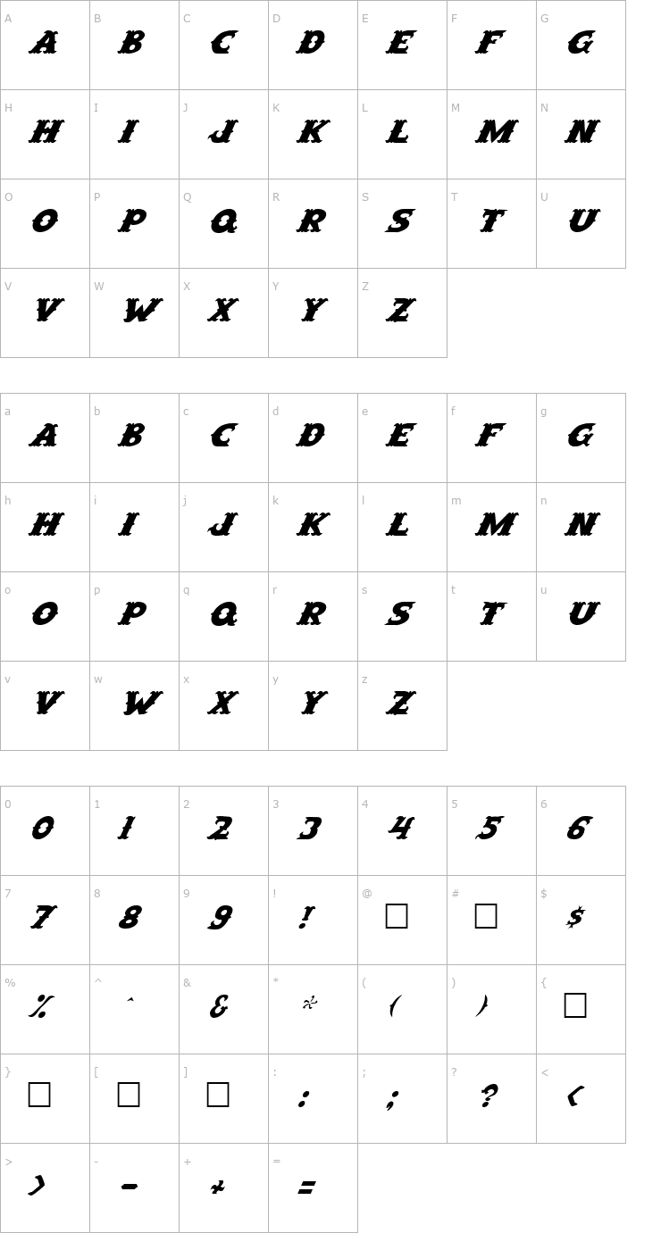 Character Map FZ UNIQUE 42 ITALIC Font