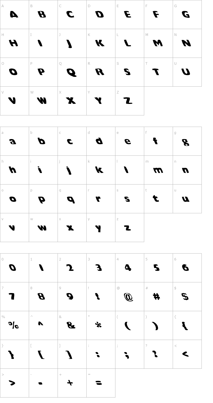 Character Map FZ WARPED 42 LEFTY Font