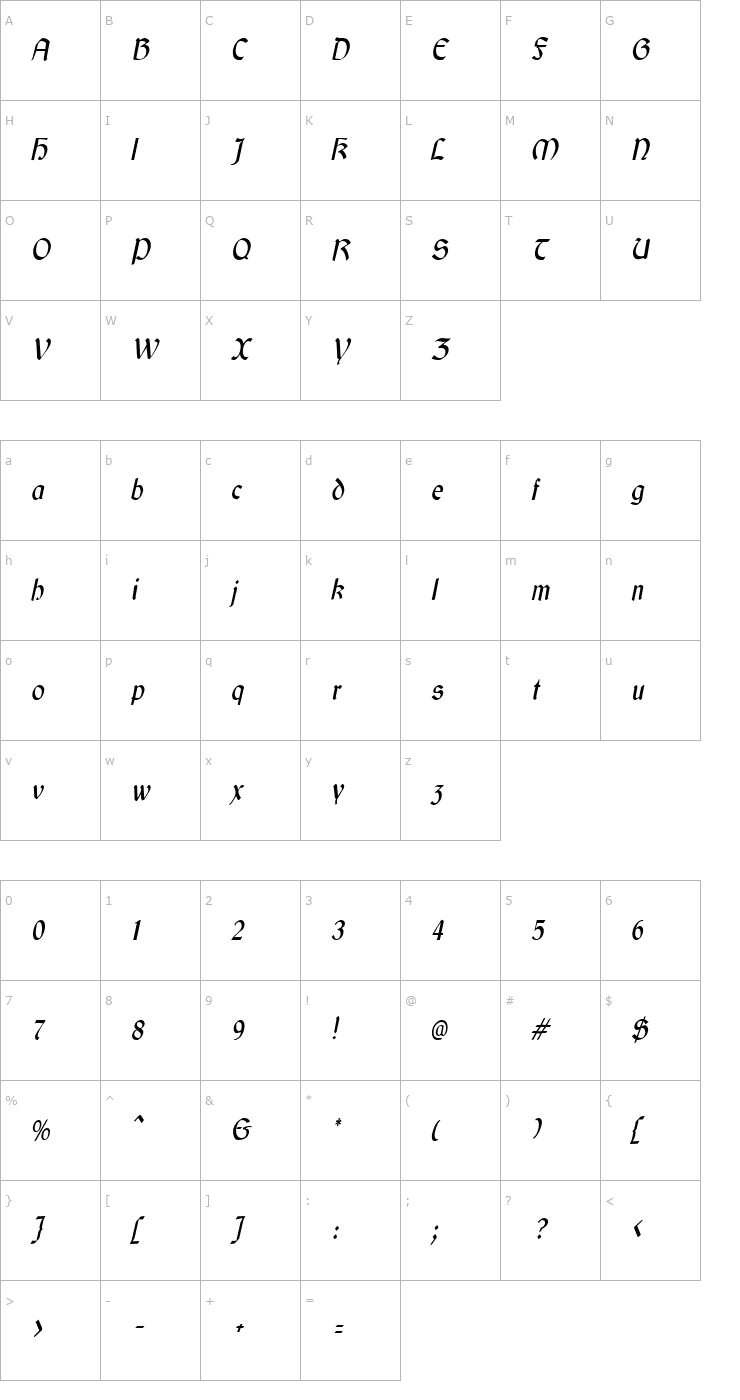 Character Map GaelicCondensed Italic Font