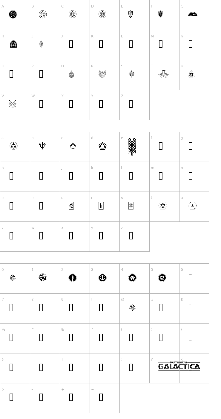 Character Map GalacticaBats Font