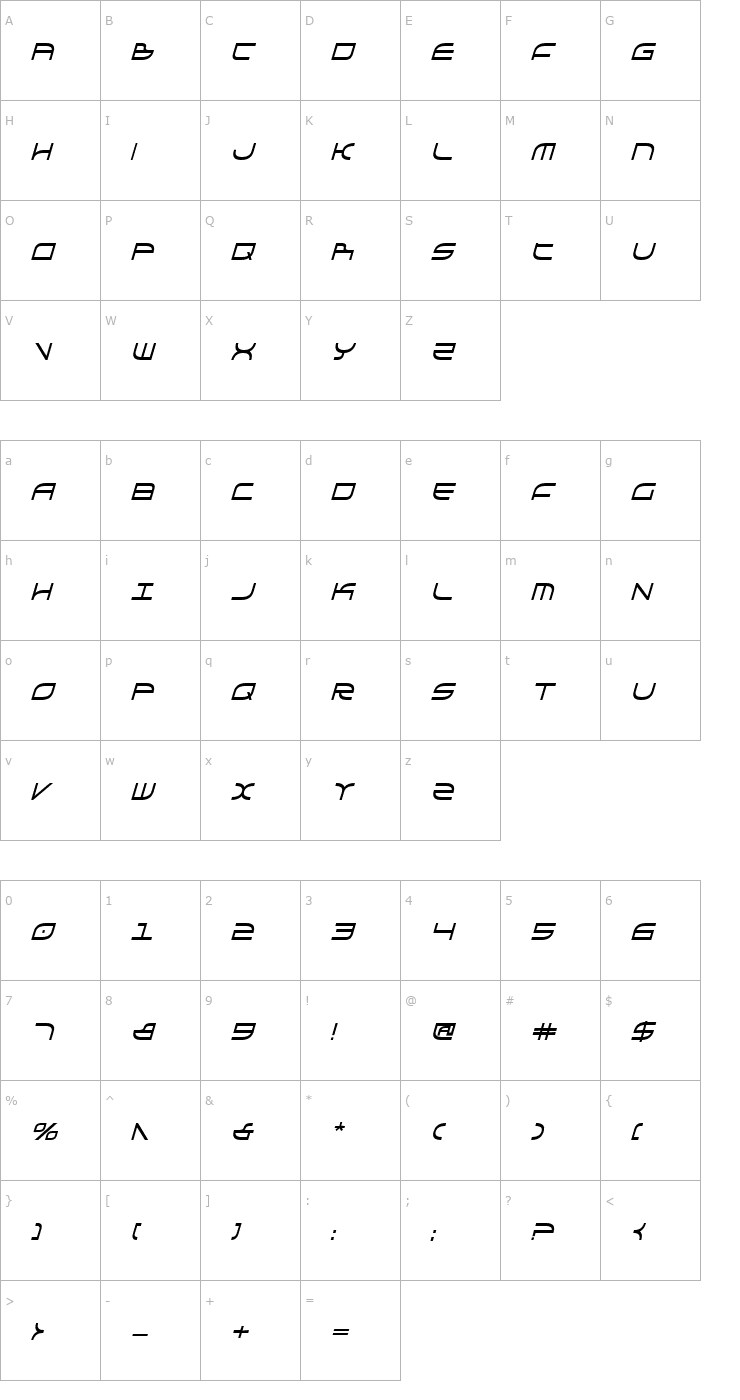 Character Map Galga Bold Condensed Italic Font