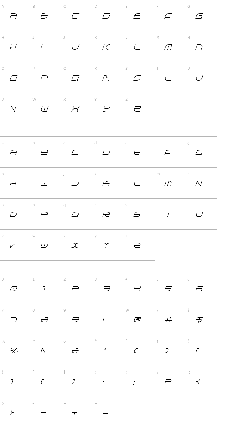 Character Map Galga Condensed Italic Font