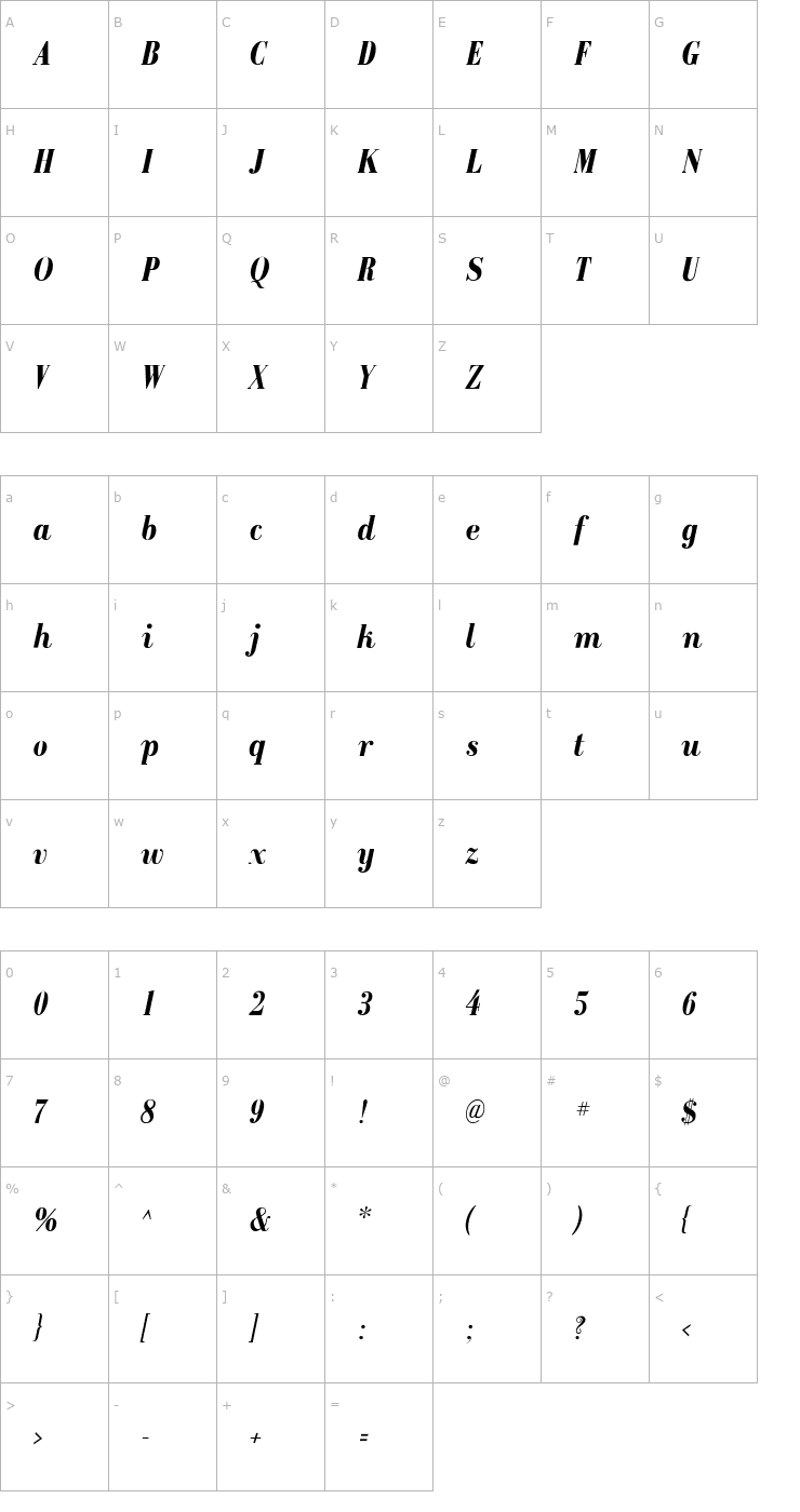 Character Map GalileoFLF-BoldItalic Font