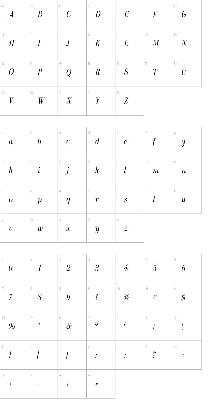 Character Map GalileoFLF-Italic Font